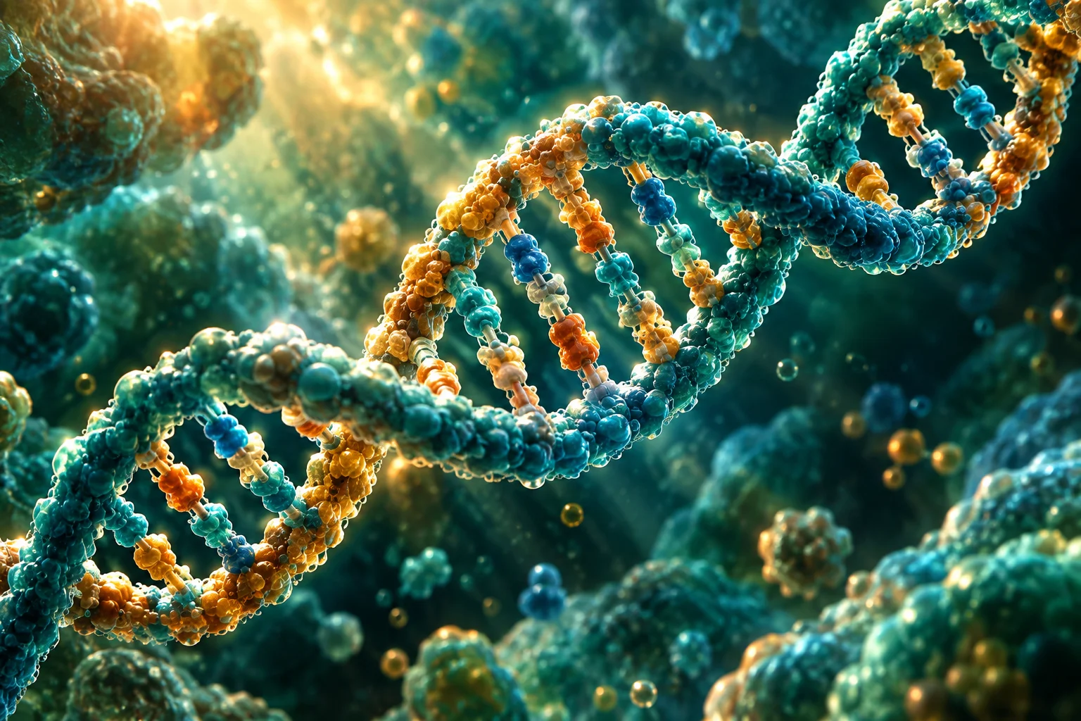 A teal and gold DNA double helix, with intertwined strands joined by paired bases.