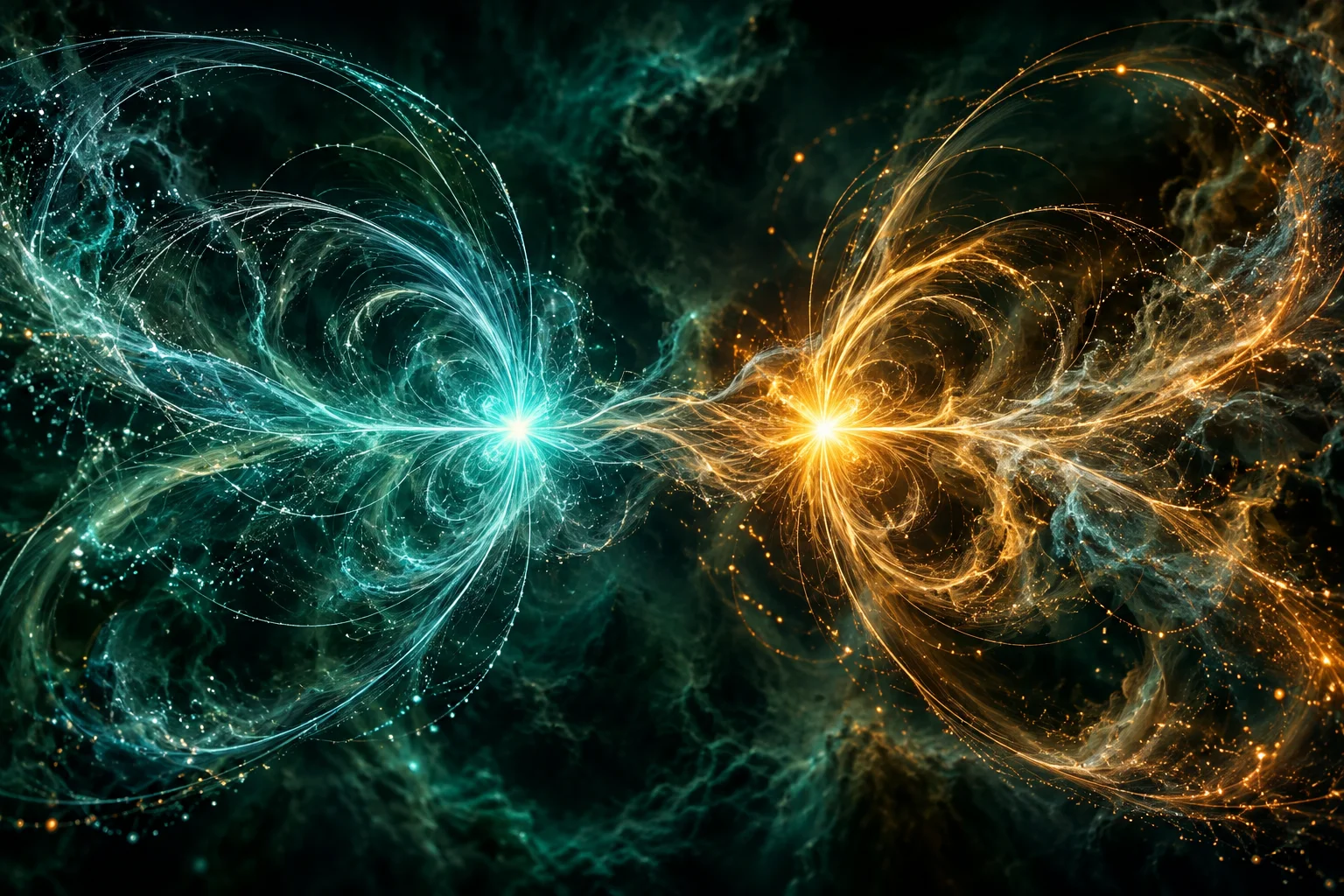Turquoise and gold points of light with sweeping tracks, an artistic visualization of a particle and its antiparticle.